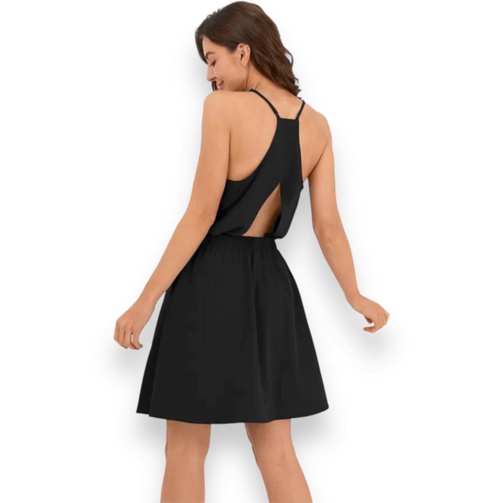 NWT HALARA Breezeful Adjustable Strap Backless Cut Out Pleated Dress w/Pockets S